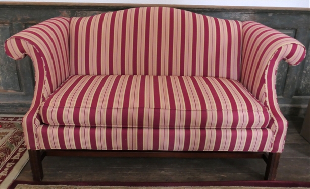 Nice Settee with Red and Gold Striped Upholstery - By Lane Furniture - Measures 32 tall 63 by 26