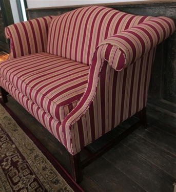 Nice Settee with Red and Gold Striped Upholstery - By Lane Furniture - Measures 32 tall 63 by 26