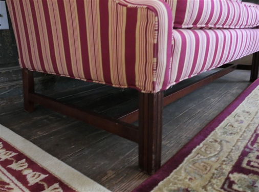 Nice Settee with Red and Gold Striped Upholstery - By Lane Furniture - Measures 32 tall 63 by 26