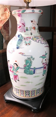 Nice Asian Vase Style Lamp with Scenes on Front -Foo Dog Handles - On Wood Base - Measures 22 Tall 