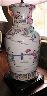Nice Asian Vase Style Lamp with Scenes on Front -Foo Dog Handles - On Wood Base - Measures 22 Tall 