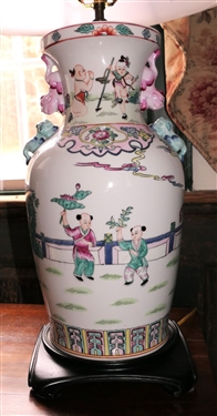 Nice Asian Vase Style Lamp with Scenes on Front -Foo Dog Handles - On Wood Base - Measures 22 Tall 
