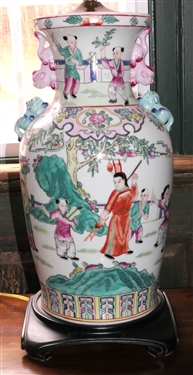 Nice Asian Vase Style Lamp with Scenes on Front -Foo Dog Handles - On Wood Base - Measures 22 Tall 
