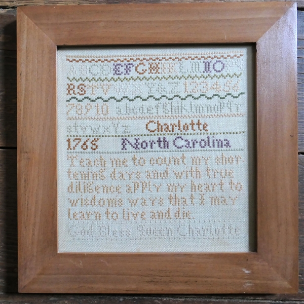 Hand Stitched Needlework Copy of 1765 North Carolina Sampler - Framed - Frame Measures 11" by 10 1/2"