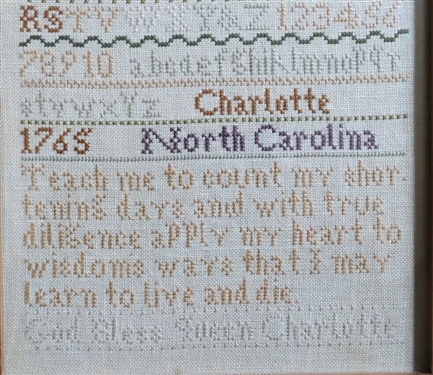 Hand Stitched Needlework Copy of 1765 North Carolina Sampler - Framed - Frame Measures 11 by 10 1/2