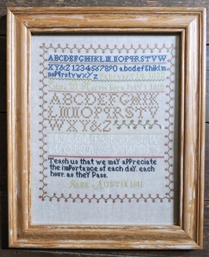 Hand Stitched Needlework Copy of Jane Austin 1811 Sampler - Framed - Frame Measures 17 by 14