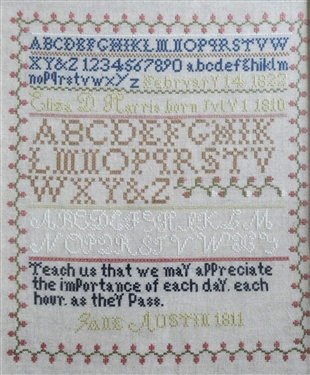 Hand Stitched Needlework Copy of Jane Austin 1811 Sampler - Framed - Frame Measures 17 by 14