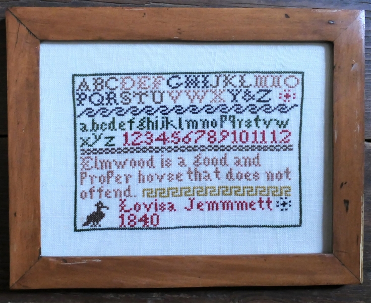 Hand Stitched Needlework Copy of 1840 Sampler by Louisa Jemmett - Framed - Frame Measures 8" by 11 1/2"
