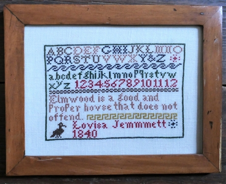 Hand Stitched Needlework Copy of 1840 Sampler by Louisa Jemmett - Framed - Frame Measures 8 by 11 1/2