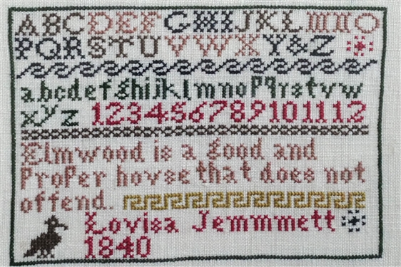 Hand Stitched Needlework Copy of 1840 Sampler by Louisa Jemmett - Framed - Frame Measures 8 by 11 1/2