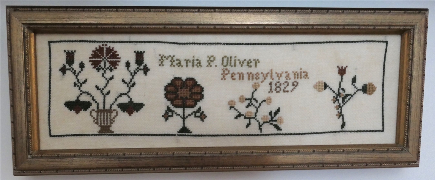 Hand Stitched Needlework Copy of "Maria P. Oliver Pennsylvania 1829" - Framed - Missing Glass - Frame Measures 4 1/2" by 12"