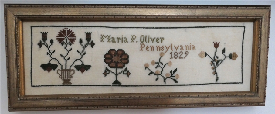 Hand Stitched Needlework Copy of Maria P. Oliver Pennsylvania 1829 - Framed - Missing Glass - Frame Measures 4 1/2 by 12