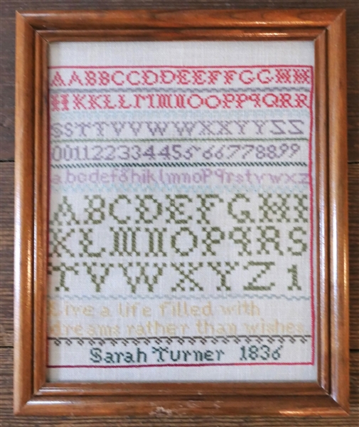 Hand Stitched Needlework Copy of Samplery by Sarah Turner 1836 - Framed - Frame Measures 11 1/2" by 9 1/2"
