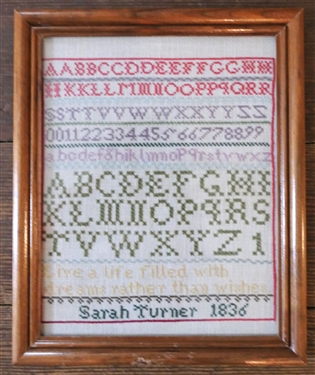 Hand Stitched Needlework Copy of Samplery by Sarah Turner 1836 - Framed - Frame Measures 11 1/2 by 9 1/2