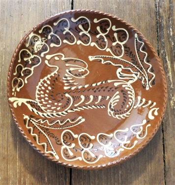 Henderson 2012 Slip Decorated Redware Pottery Plate with Animal Design - Measures 10 1/2 Across