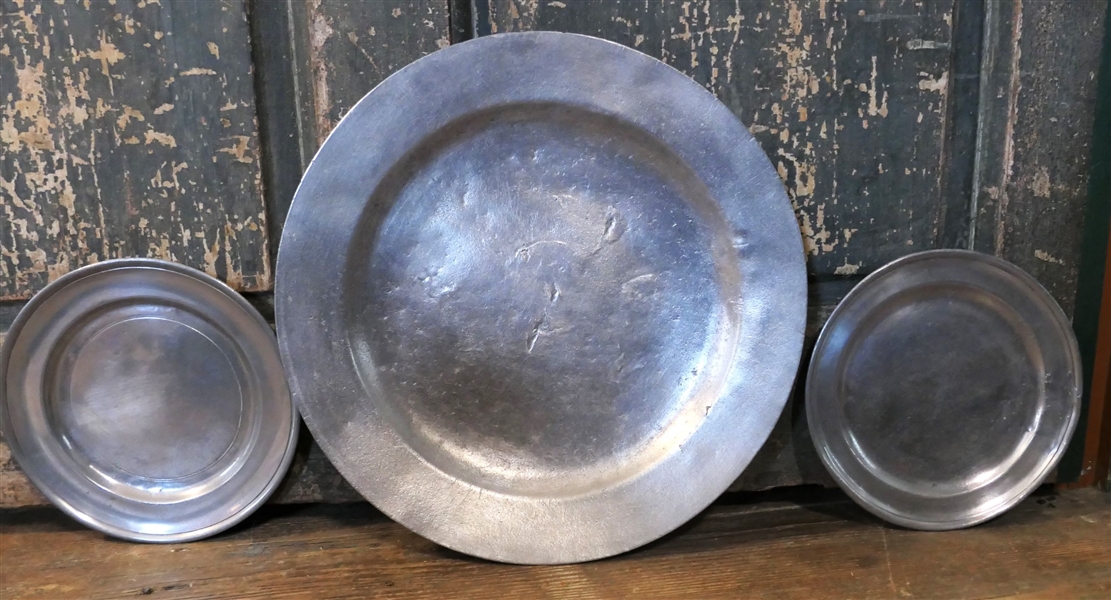 3 Early Pewter Plates - 13", 7 1/2", and 7 3/4" Signed London on Back