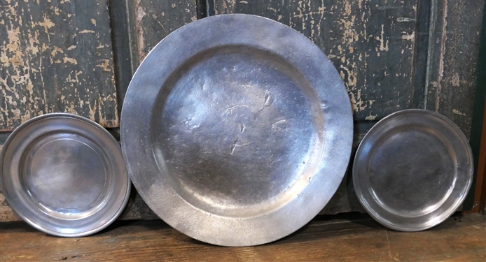 3 Early Pewter Plates - 13, 7 1/2, and 7 3/4 Signed London on Back