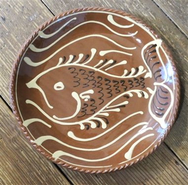 Henderson 2012 Slip Decorated Redware Pottery Plate with Fish - Measures 9 3/4 Across