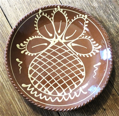 Henderson 2012 Slip Decorated Redware Pottery Plate with Pineapple Decoration - Measures 10 Across