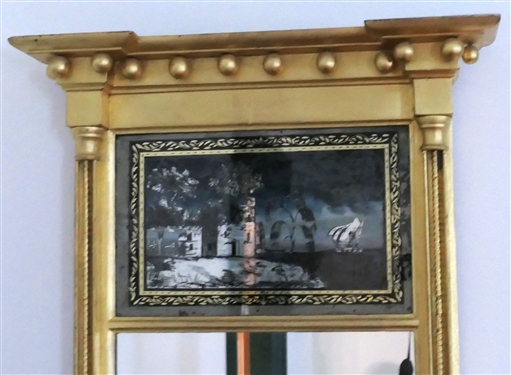 Gold Gilt Mirror with Reverse Painted Ship Scene - Measures 39 by 21 