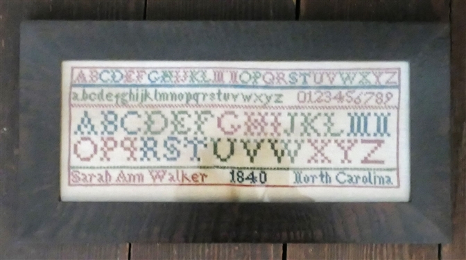 Hand Stitched Needlework Copy of 1840 North Carolina Sampler by Sarah Ann Walker - Framed - Frame Measures 8 1/2 by 16