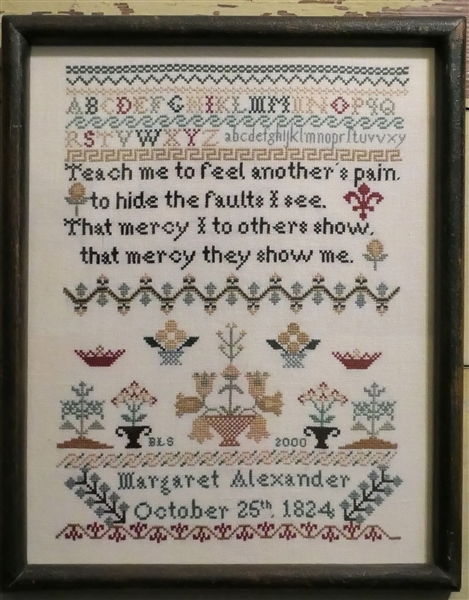 Hand Stitched Needlework Sampler by BLS 2000 - Copy of Margaret Alexander 1824 Sampler - Framed - Frame Measures 14 1/2" by 12"
