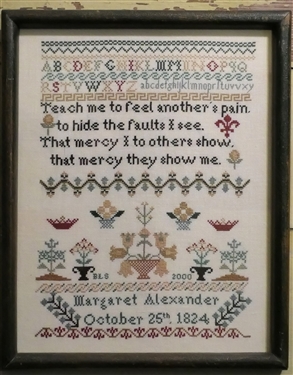 Hand Stitched Needlework Sampler by BLS 2000 - Copy of Margaret Alexander 1824 Sampler - Framed - Frame Measures 14 1/2 by 12