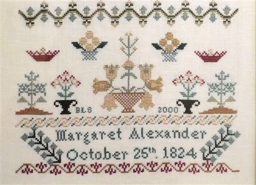 Hand Stitched Needlework Sampler by BLS 2000 - Copy of Margaret Alexander 1824 Sampler - Framed - Frame Measures 14 1/2 by 12