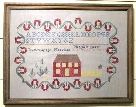 Hand Stitched Needlework Copy of a Maryland Sampler with Red Barn - Framed - Frame Measures 16 3/4 by 21 3/4