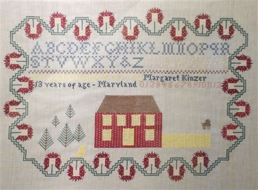 Hand Stitched Needlework Copy of a Maryland Sampler with Red Barn - Framed - Frame Measures 16 3/4 by 21 3/4