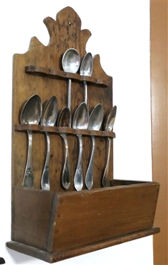 Pine Spoon Rack Measuring 20 tall 12 by 6 with 8 Pewter Spoons 