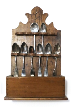 Pine Spoon Rack Measuring 20 tall 12 by 6 with 8 Pewter Spoons 