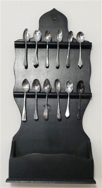 Dark Finished Spoon Rack with Collection of Coffee/ Souvenir Spoons - Rack Measures 19" Long 9 1/2" by 4" 