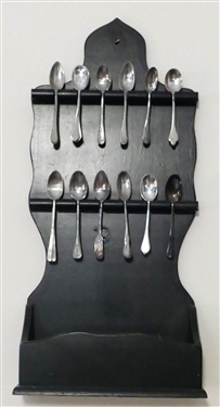Dark Finished Spoon Rack with Collection of Coffee/ Souvenir Spoons - Rack Measures 19 Long 9 1/2 by 4 