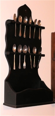 Dark Finished Spoon Rack with Collection of Coffee/ Souvenir Spoons - Rack Measures 19 Long 9 1/2 by 4 