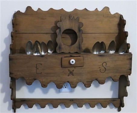 Unusual Folky Pine Spoon Holder with Some Pewter Spoons - Small Drawer - E S and Small Flower Carved on Front - Measures 22 Long 23 Across by 6 Deep 