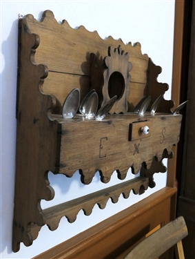 Unusual Folky Pine Spoon Holder with Some Pewter Spoons - Small Drawer - E S and Small Flower Carved on Front - Measures 22 Long 23 Across by 6 Deep 