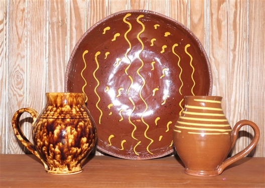 2 Henderson Pottery Redware Mugs with Slip Decoration and 1972 Pennsylvania Redware Pottery Plate - Has Been Broken and Repaired - Plate Measures 11 Across