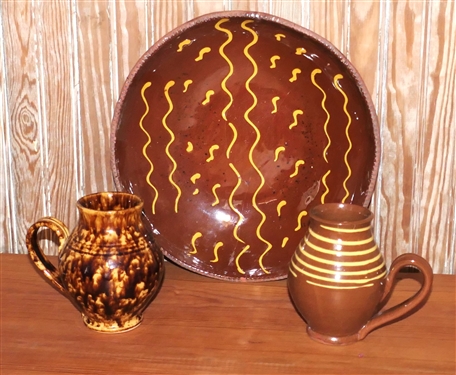 2 Henderson Pottery Redware Mugs with Slip Decoration and 1972 Pennsylvania Redware Pottery Plate - Has Been Broken and Repaired - Plate Measures 11 Across