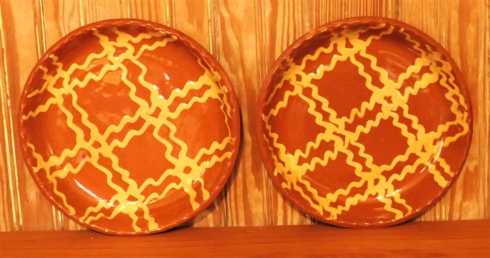 2 Westmoor Pottery Erik Farrell 2012 Slip Decorated Redware Pottery Plates - 1 Has Hairline Crack - Measuring 8 Across