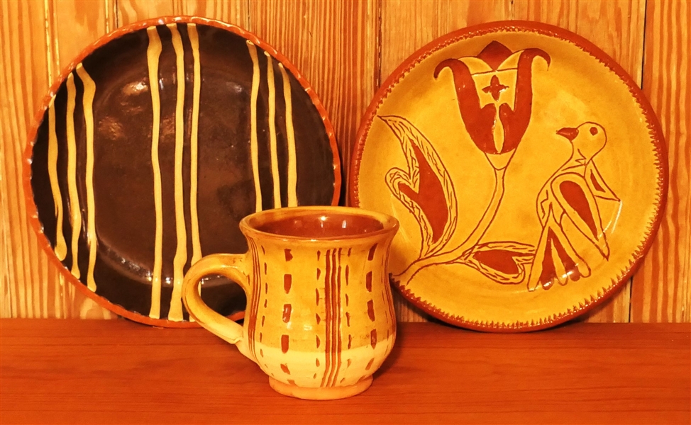 3 Pieces of Westmoor Pottery By Erik Farrell- Redware Slip Decorated - Plates Measure 8" Across
