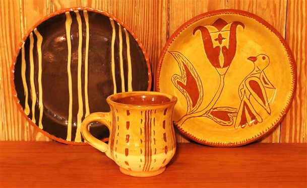 3 Pieces of Westmoor Pottery By Erik Farrell- Redware Slip Decorated - Plates Measure 8 Across