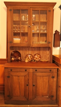 Country Pine Offset Cupboard with 12 Pane Glass Doors - 2 Small Drawers - Bottom Cupboard Door Needs Minor Repair - NO CONTENTS - Measures 90 Tall 47 1/2 by 27