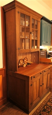 Country Pine Offset Cupboard with 12 Pane Glass Doors - 2 Small Drawers - Bottom Cupboard Door Needs Minor Repair - NO CONTENTS - Measures 90 Tall 47 1/2 by 27