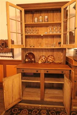 Country Pine Offset Cupboard with 12 Pane Glass Doors - 2 Small Drawers - Bottom Cupboard Door Needs Minor Repair - NO CONTENTS - Measures 90 Tall 47 1/2 by 27