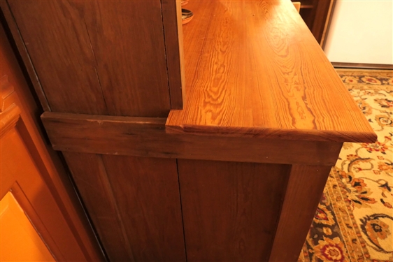 Country Pine Offset Cupboard with 12 Pane Glass Doors - 2 Small Drawers - Bottom Cupboard Door Needs Minor Repair - NO CONTENTS - Measures 90 Tall 47 1/2 by 27