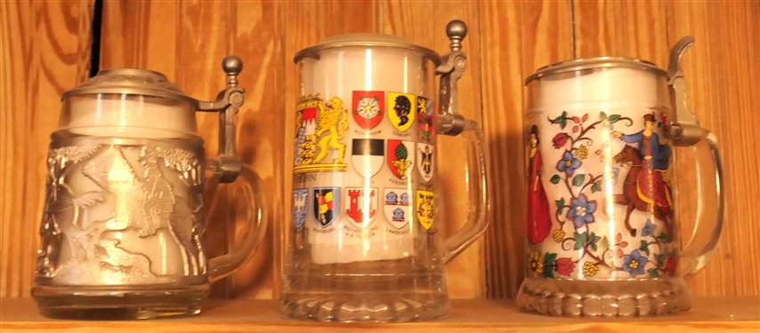 3 German Glass Steins - Bayern with Shields, Pewter Overlay Fox Hunt Scene, and Courting Scene with Flowers - Shields Measures 6 1/2 tall 