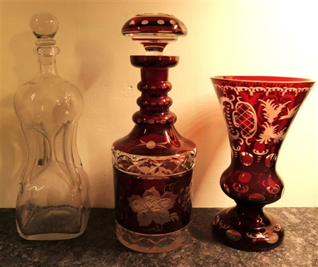 Ruby Red Bohemian Glass Vase and Decanter - Decanter Measures 11 1/2 Tall and Etched Decanter - Has Some Discoloration - Vase Has Small Chip 