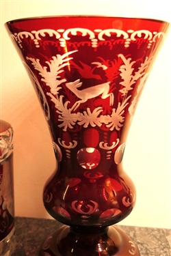 Ruby Red Bohemian Glass Vase and Decanter - Decanter Measures 11 1/2 Tall and Etched Decanter - Has Some Discoloration - Vase Has Small Chip 