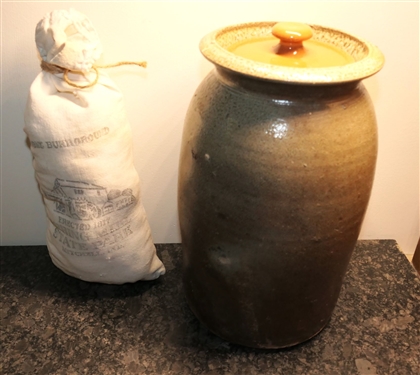 North Carolina Stone Crock - 11 Tall, Redware Lid, and Indiana Department of Natural Resources Sack From Spring Mill State Park 